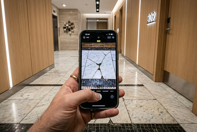 Hand holding a smartphone taking a photo of cracked floor tiles in a hallway.