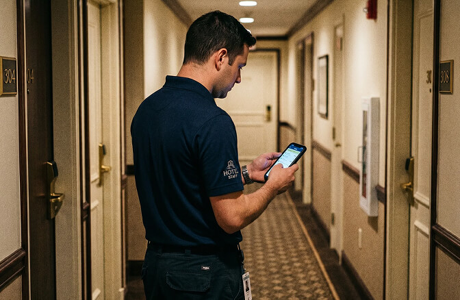 Hotel staff member using a smartphone in a hallway.