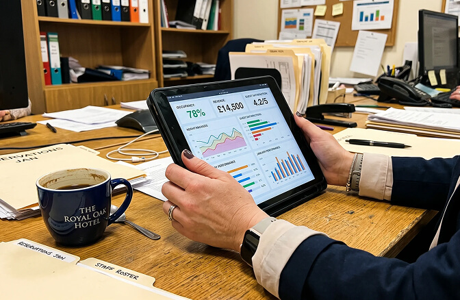 Person holding a tablet with analytics dashboard in an office.
