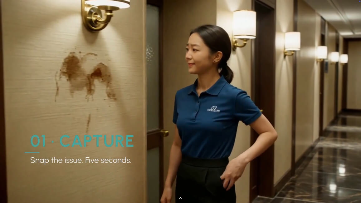 Woman observing a wall stain in a well-lit hallway.